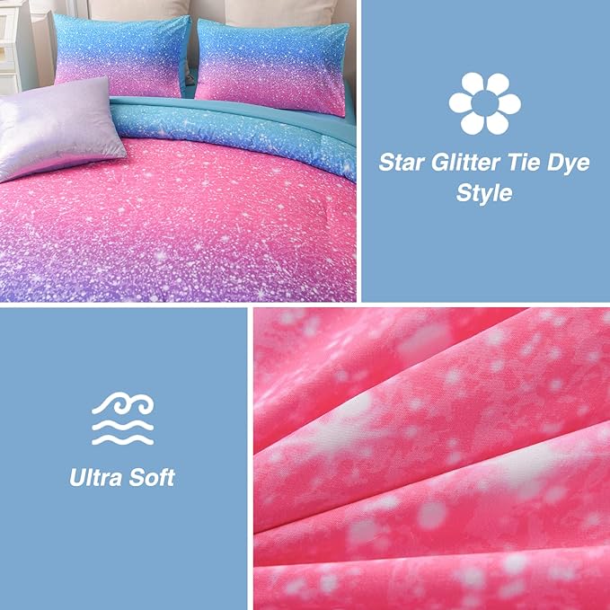 A Nice Night 6Pcs Gradient Glitter Bedding Set for Girls Full Size, Colorful Rainbow Galaxy Comforter Set, Ultra Soft Bedding Sets, Blue