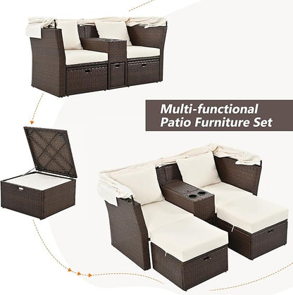 2-Seater Outdoor Patio Convertible Sunbed, All Weather Rattan Double Daybed Couch Foldable Awning, Cushions and Storage Boxes, Loveseat Sofa Set for Garden, Poolside, Balcony, Ab-Beige
