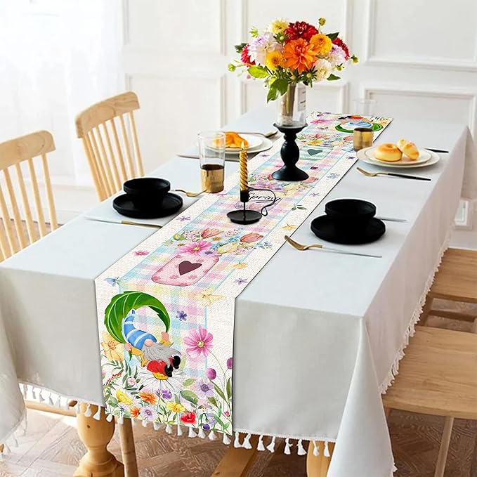 Spring Table Runner 72 Inches Long Spring Floral Flowers Table Runner Buffalo Plaid Check Decor for Kitchen Dining Table Home Party Decorations