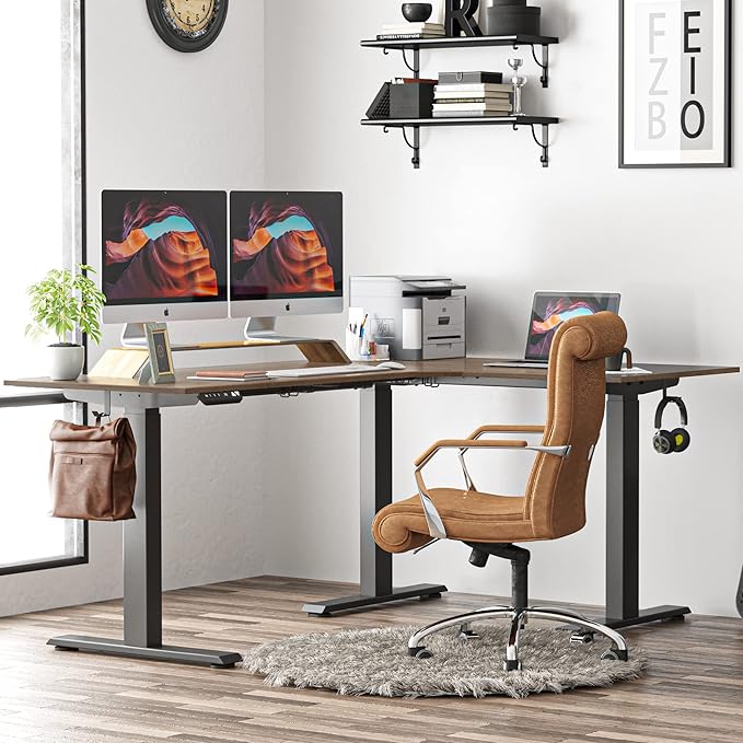 FEZIBO Triple Motor L-Shaped Electric Standing Desk, 75 Inches Height Adjustable Stand up Corner Desk, Sit Stand Workstation with Splice Board, Black Frame/Black Walnut Top