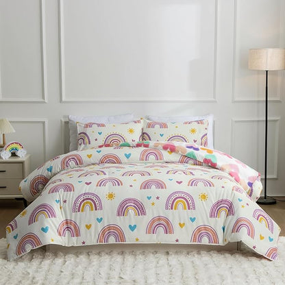Btargot Lightweight Soft 3 Piece Rainbow Comforter Set with 2 Pillow Covers, Cartoon Love Hearts Suns and Stars Bedding Set for Girls Boys Kids, Twin Purple