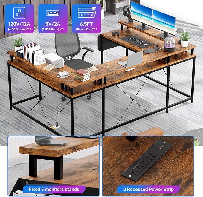 U Shaped Computer Gaming Desk, Reversible L Shaped Desk with Power Outlets, LED Strip & Monitor Stand, Large Corner Desk with Storage Shelves for Home Office, Rustic Brown