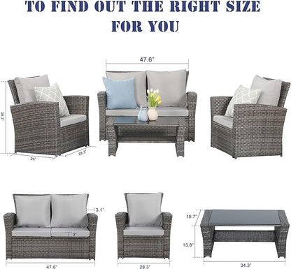 Wisteria Lane 4 Piece Outdoor Patio Furniture Sets, Wicker Conversation Set for Porch Deck, Gray Rattan Sofa Chair with Cushion