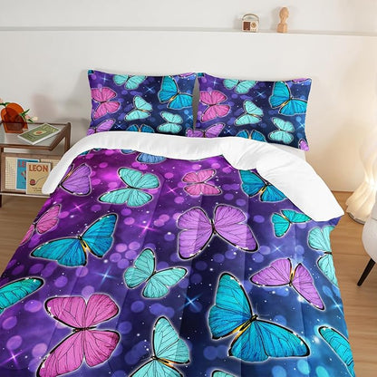 HOSIMA Butterfly Comforter Set with 2 Pillowcases,Glitter Purple Blue Butterfly Printed Bedding Set Twin Bed in A Bag Sets for Adults Kids,Starry Sky Galaxy Comforter Butterfly Room Decor Aesthetics.