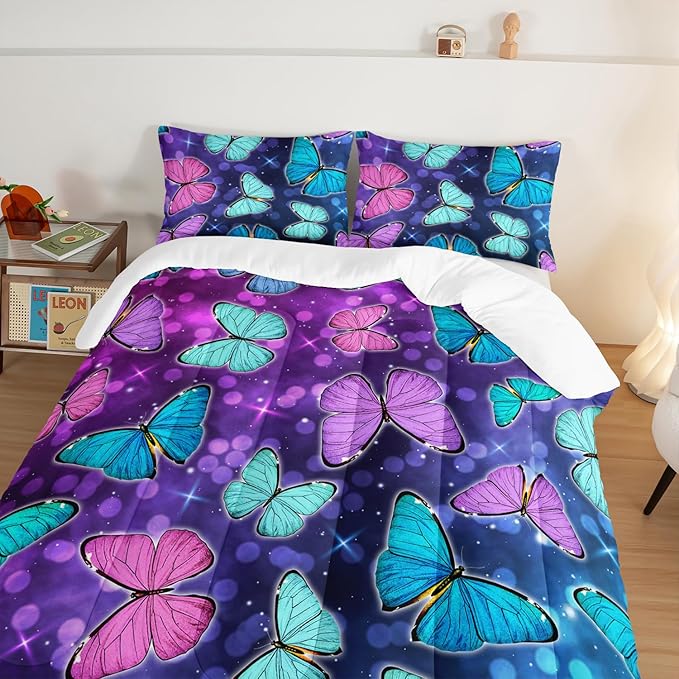 HOSIMA Butterfly Comforter Set with 2 Pillowcases,Glitter Purple Blue Butterfly Printed Bedding King Size Comforter Set for Adults Kids,Starry Sky Galaxy Comforter Butterfly Room Decor Aesthetics.