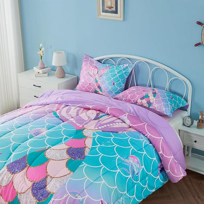 Full Size Comforter Sets for Girls Mermaid Tail Rainbow Scales Bedding Set 3 Pieces Full Comforter with 2 Pillowcases for Kids, Teenagers