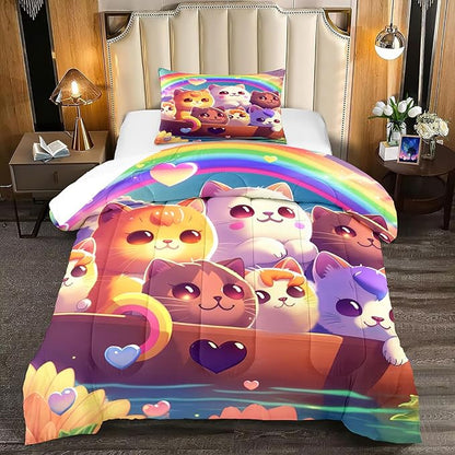 Cat Comforter Set, Cute Cat Bedding Set, Twin Size Comforter Set for Girls Cat Comforter Cartoon Cat Rainbow Printed Bedding Sets for Kids Girls Kawaii Cat Bedding Sets, 1 Comforter+1 Pillowcase