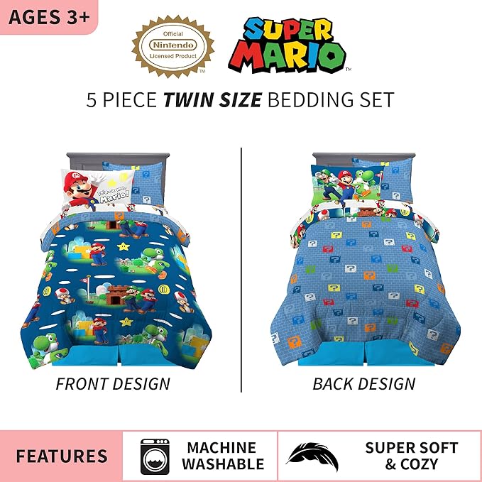 Franco Kids Bedding Super Soft Comforter and Sheet Set with Sham, 5 Piece Twin Size, Mario