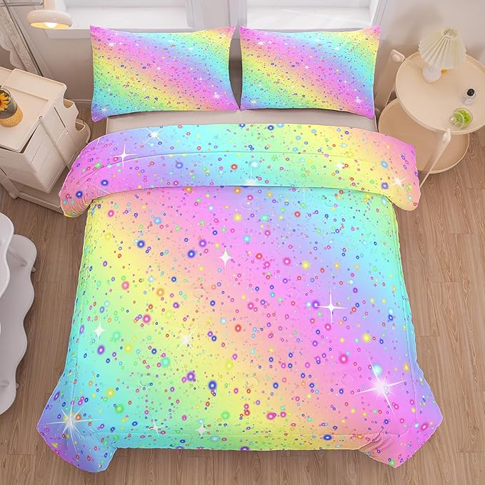 Twin Comforter Set for Girls, Rainbow Comforter Twin, Teen Girl Bedding, Kids Comforter Set for Girls, 5 Pcs Twin Bed in a Bag with 1 Comforter, 1 Flat Sheet, 1 Fitted Sheet and 2 Pillowcases