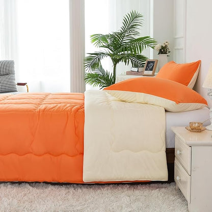 COTTEBED Reversible Ultra-Soft Bright Orange and Beige Comforter Set Queen, Jersey Knit T-Shirt Feel Bedding Blanket Down Conforters Sets & Pillowsham for Men Women All Season Use, Full/Queen Size Bed