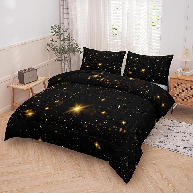 Tailor Shop Glitter Bedding Sets Full Size Black and Glod Comforter Sets for Kids Boys Teens Star Glitter Comforter Sets Twinkle Starlight Comforter Sets with 1 Comforter 1 Pillowcases