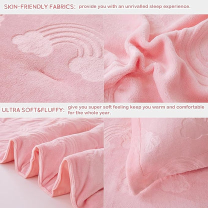 Mooreeke Twin Kids Comforter Bed Set, Embossed Plush Fleece Soft & Warm 2 Piece Bed in A Bag with Shams, Velour Velvet Pink Rainbow Girls Kids Bedding Set, Fluffy Fuzzy Polar Cozy and Stylish