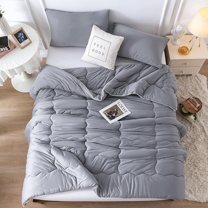 COTTEBED Softness Twin Comforter Sets for Teen Boy Girl Kid College Dorm, Jersey Knit T-Shirt Feel Lightweight Cozy Comfy Quilt Bed Blanket Comforter & Pillowsham All Season Use,Twin/Twin XL Dark Gray