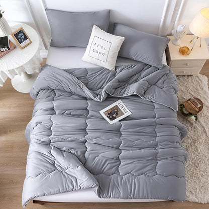 COTTEBED Ultra-Soft Comforter Set Queen/Full Size Bed, Jersey Knit T-Shirt Feeling Fluffy Cozy Comy Durable Lightweight Quilt Bedding Down Blanket & 2 Pillowcase for All Season Use, Dark Grey