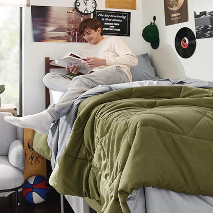 Bedsure Olive Green Twin Comforter Set - 5 Pieces Reversible Twin Bed in a Bag, Extra Long Twin Bed Set with Comforters, Sheets, Pillowcase & Sham, Twin Bedding Sets for College