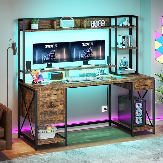 YITAHOME Computer Desk with Drawers & Hutch, 59.1" Office Desk with LED Lights & Power Outlets, Gaming Desk with Monitor Stand & Storage Shelves, Rustic Brown
