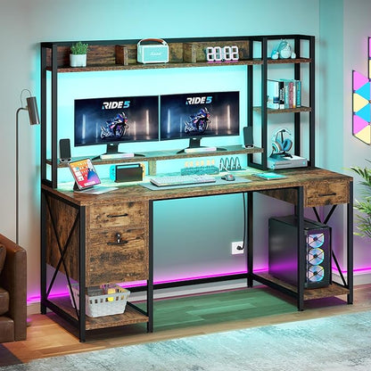 YITAHOME Computer Desk with Drawers & Hutch, 59.1" Office Desk with LED Lights & Power Outlets, Gaming Desk with Monitor Stand & Storage Shelves, Rustic Brown