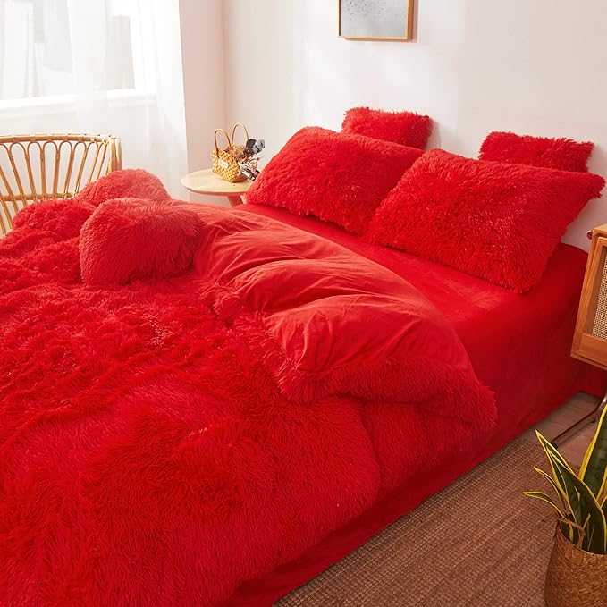 FOPPA Christmas red Comforter Cover Set Queen - Ultra Soft Plush red Bedding Sets 3 Pieces (1 Faux Fur Duvet Cover + 2 Faux Fur Pillow case) red Bed Set Queen (Red, Queen)