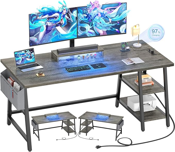 armocity Computer Desk with LED Lights, Reversible Desk with Power Outlet, 55'' Desk with Storage Shelves, Gaming Desk with Moveable Monitor Stand and Storage Bag for Home Office Workstation, Grey