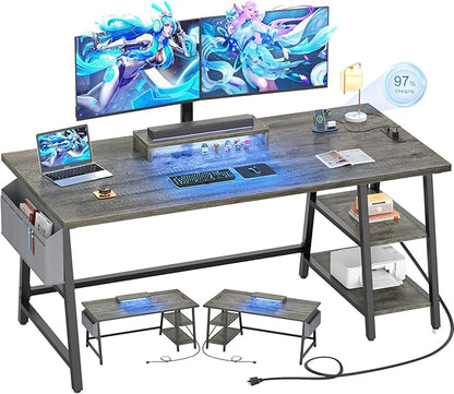 armocity Computer Desk with LED Lights, Reversible Desk with Power Outlet, 55'' Desk with Storage Shelves, Gaming Desk with Moveable Monitor Stand and Storage Bag for Home Office Workstation, Grey