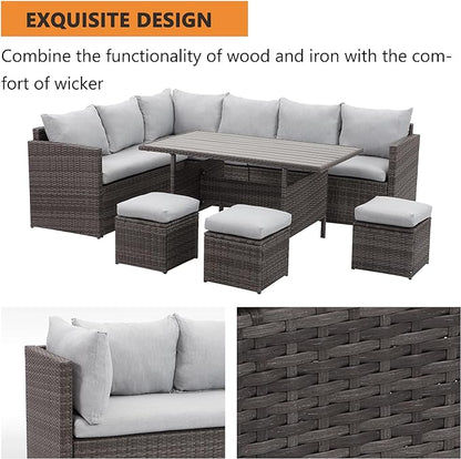 Solaste 7 Piece Patio Furniture Set, All Weather Wicker Patio Conversation Sets with Cushion Seat & Pillows, Outdoor Dining Set, Patio Furniture Outdoor Sectional, Grey