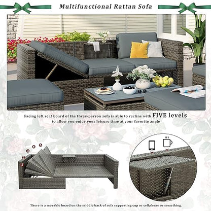5 Pieces Outdoor Patio Sectional Sofa Couch, PE Wicker Furniture Conversation Sets with Adustable Backrest & Washable Cushions & Ottomans & Glass Coffee Table for Garden, Poolside, Backyard