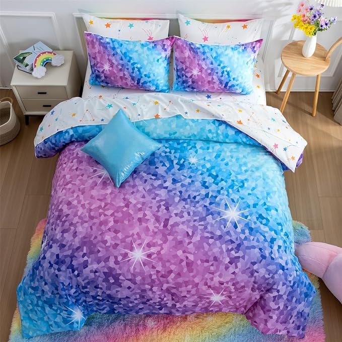 A Nice Night 6Pcs Gradient Abstract Art Grid Mosaic Geometric Bedding Set for Girls, Colorful Rainbow Galaxy Comforter Set, Ultra Soft Bedding Sets (PinkBlue,Twin 6Pcs)