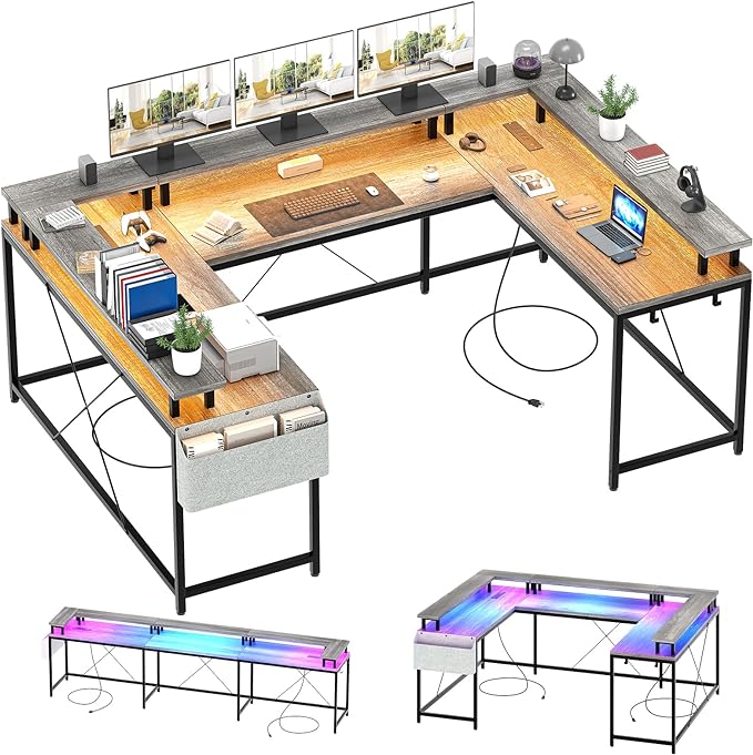 U Shaped Computer Gaming Desk, Reversible L Shaped Desk with Power Outlets, LED Strip & Monitor Stand, Large Corner Desk with Storage Shelves for Home Office, Grey Oak