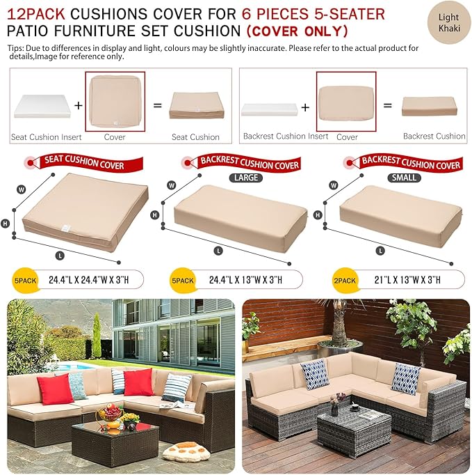 ClawsCover 12Pack Outdoor Seat and Back Cushions Replacement Covers Fit for 6Pieces 5-Seater Wicker Rattan Patio Furniture Conversation Set Sectional Couch Chairs,Light Khaki-Include Cover Only