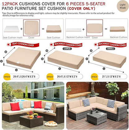 ClawsCover 12Pack Outdoor Seat and Back Cushions Replacement Covers Fit for 6Pieces 5-Seater Wicker Rattan Patio Furniture Conversation Set Sectional Couch Chairs,Light Khaki-Include Cover Only