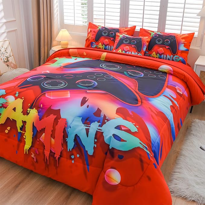 Aimuan Gaming Comforter Sets for Boys Kids Bedding Sets Video Games Console Action Buttons Novelty Colorful Game Gamepad Controller Modern Gamer Room Decor Home Quilt Set (Queen 6 Pcs,Red)