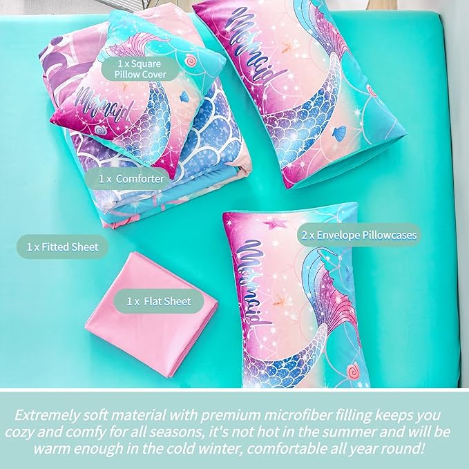 RYNGHIPY Kids Girls Comforter Set 6Pcs, Mermaid Bed in a Bag Full Size, Fish Tail Print Teens Girls Bedding Set, Rainbow Bedding Collections