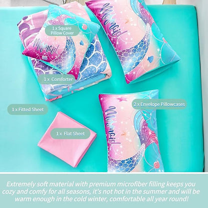 RYNGHIPY Kids Girls Comforter Set 6Pcs, Mermaid Bed in a Bag Queen Size, Fish Tail Print Teens Girls Bedding Set, Rainbow Bedding Collections