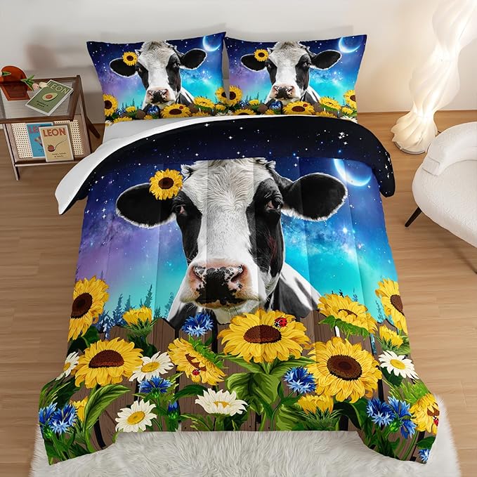 HOSIMA Cow Print Comforter Set with 2 Pillowcases,Farm Animal Theme Bedding Set Sunflower King Size Comforter for Adults Teens Kids,Farm Starry Sky Toddler Comforter Floral Bedding Set.