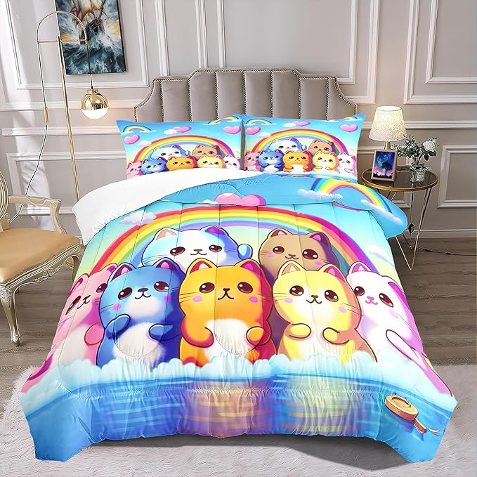 Rainbow Cat Comforter Queen Size - Rainbow Cat Bedding for Girls Room Cute Cartoon Rainbow Bedding Queen Comforter Sets for Kids, 1 Comforter+2 Pillowcases