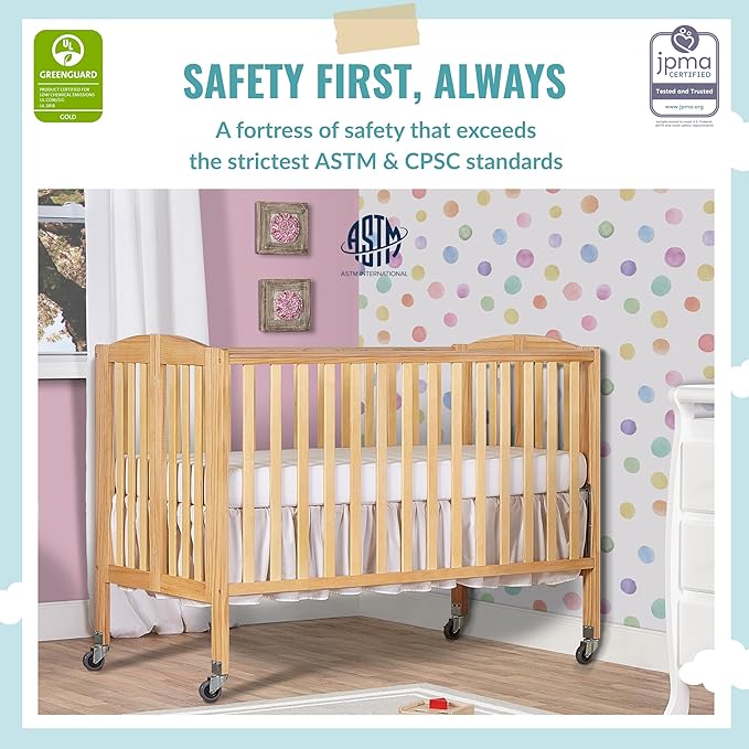 Folding Full Size Convenience Crib In Natural, Two Adjustable Mattress Height Positions, Comes With Heavy Duty Locking Wheels, Flat Folding