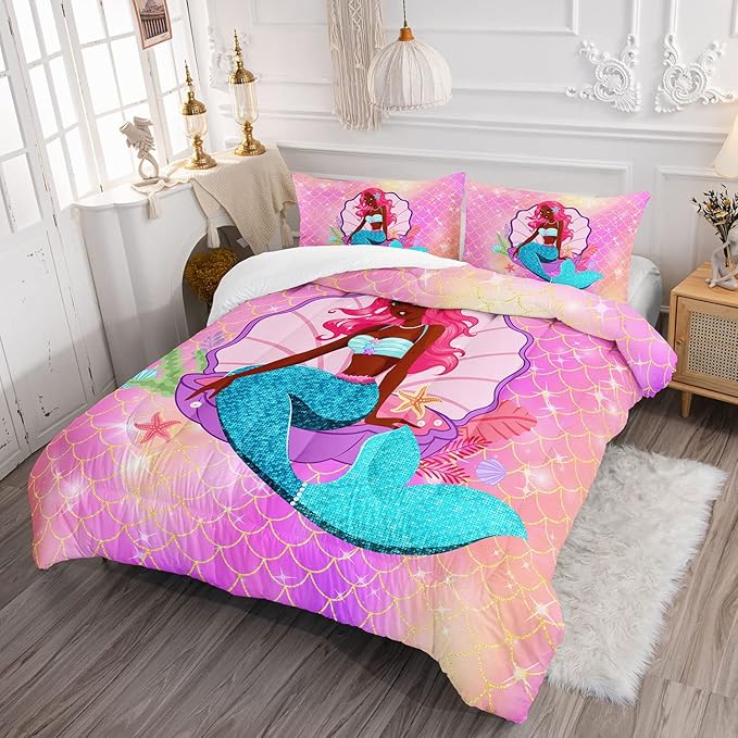 Datura home Bedding Comforter Set Black Girl Magic Mermaid Printed Pattern Quilt with 1 and 2 Pillowcases for Girls Bedroom All Season(Black Pink Queen) Queen 90x90inches