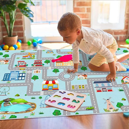 Kids Car Rug,4x6 City Life Traffic Road Playmat for Toy Cars Trains, Non-Slip Race Track Carpet Educational Fun Area Rugs for Boy and Girl Bedroom Nursery