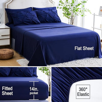 Ubauba 7pc Dark Blue King Comforter Set with Sheets, 7 Piece Pinch Pleating Bed in a Bag Royal Blue Bedding Comforters & Sets, Soft Fluffy Pintuck Bed Set (Navy,King)