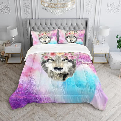 Wolf Comforter Set Tie Dye Wolf Bedding Set for Kids Teens Room Decor Romantic Pink Rose Wild Animals Comforter with 2 Pillowcases