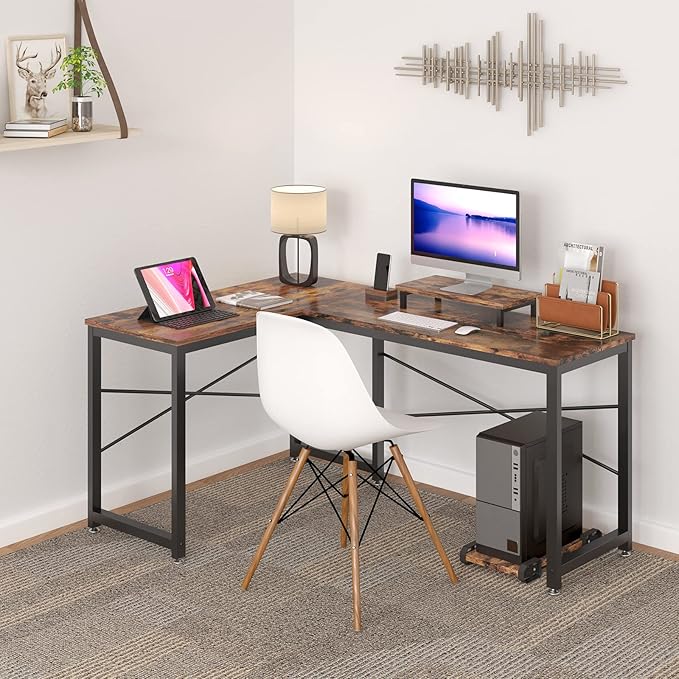 Computer Desk, L Shaped Desk with Large Desktop, Corner Desk with Monitor Stand PC Laptop Table Computer Workstation for Home Office (Rustic Brown)