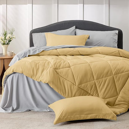 Bedsure Yellow California King Size Comforter Set - 7 Pieces Reversible Cal King Bed in a Bag California King Bed Set with Comforters, Sheets, Pillowcases & Shams,