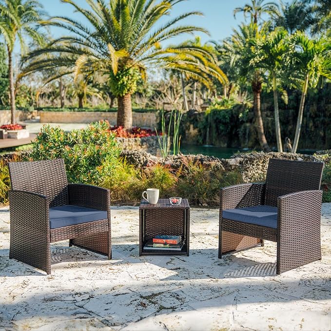 Nestl Wicker Outdoor Furniture Set - 3 Piece Patio Bistro Set (Brown/Navy)