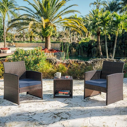 Nestl Wicker Outdoor Furniture Set - 3 Piece Patio Bistro Set (Brown/Navy)