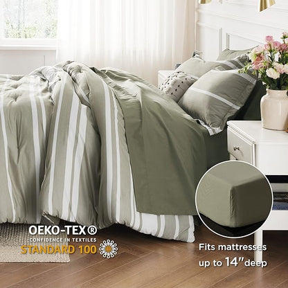 Bedsure Bed in a Bag Queen 7 Pieces, Olive Green White Striped Bedding Comforter Sets All Season Bed Set, 2 Pillow Shams, Flat Sheet, Fitted Sheet and 2 Pillowcases