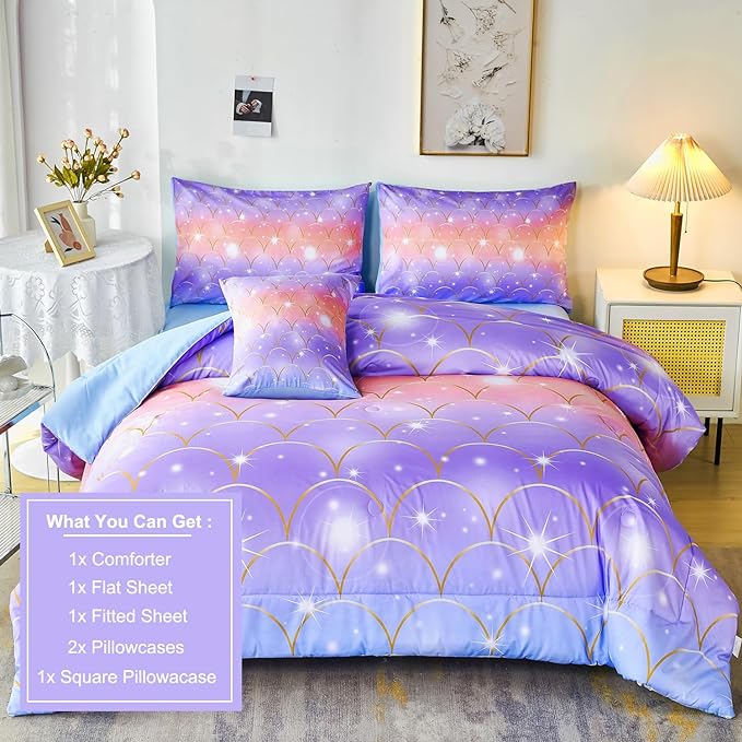 PERFEMET Purple Mermaid Twin Comforter Set for Girls, 6 Pieces Colorful Rainbow Twin Bedding Sets, Tie Dye Ombre Glitter Bed in A Bag Comforter Set with Sheets