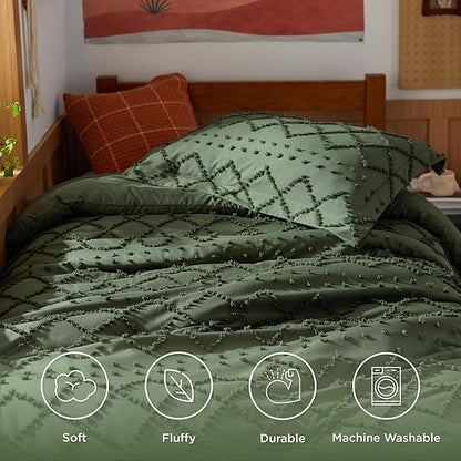 Bedsure Twin/Twin XL Comforter Set - Olive Green Boho Twin Extra Long Comforter Set for College, Shabby Chic Dorm Bedding Set, 2 Pieces Modern Farmhouse Bed Set, includes 1 Pillow Sham