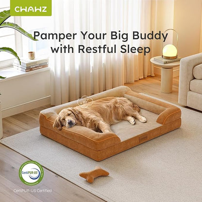 XXL Dog Bed for Extra Large Dogs, Giant Orthopedic Dog Bed with Cooling Gel Memory Foam, Waterproof Dog Bed with Removable Washable Cover, 53" Dog Sofa Bed Dutch Velvet with Bone Toy, Brown