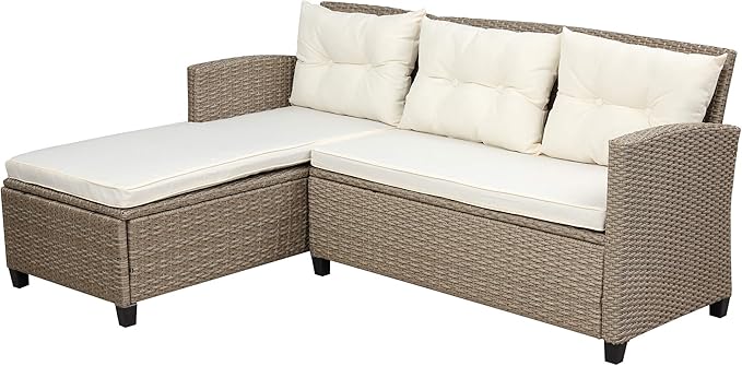6 Piece Patio Furniture Rattan Outdoor Sectional Conversation Sets, Dining Table Chair with Bench and Cushions for Backyard, Pool, Lawn, O-Beige