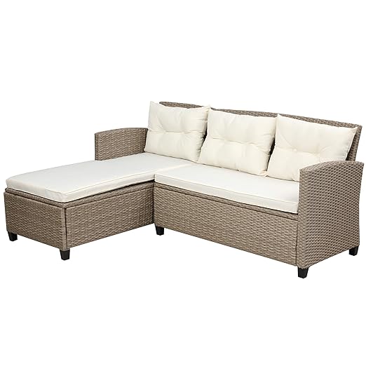 Patio Furniture Sets, 4 Pcs Outdoor Conversation Set All Weather Wicker Ratten Sectional Sofa with 2-Seater Sofá and lounge Couch&Chair, Coffee Table, Seat Cushions, fit for Yard Garden Porch